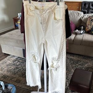 Cream Straight Leg Jeans with Light Wash